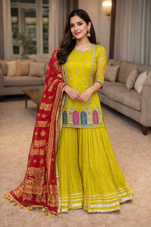 ZimalWear Festive Yellow Embroidered Sharara Set