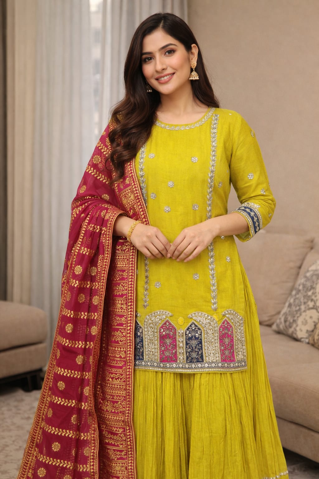 ZimalWear Festive Yellow Embroidered Sharara Set