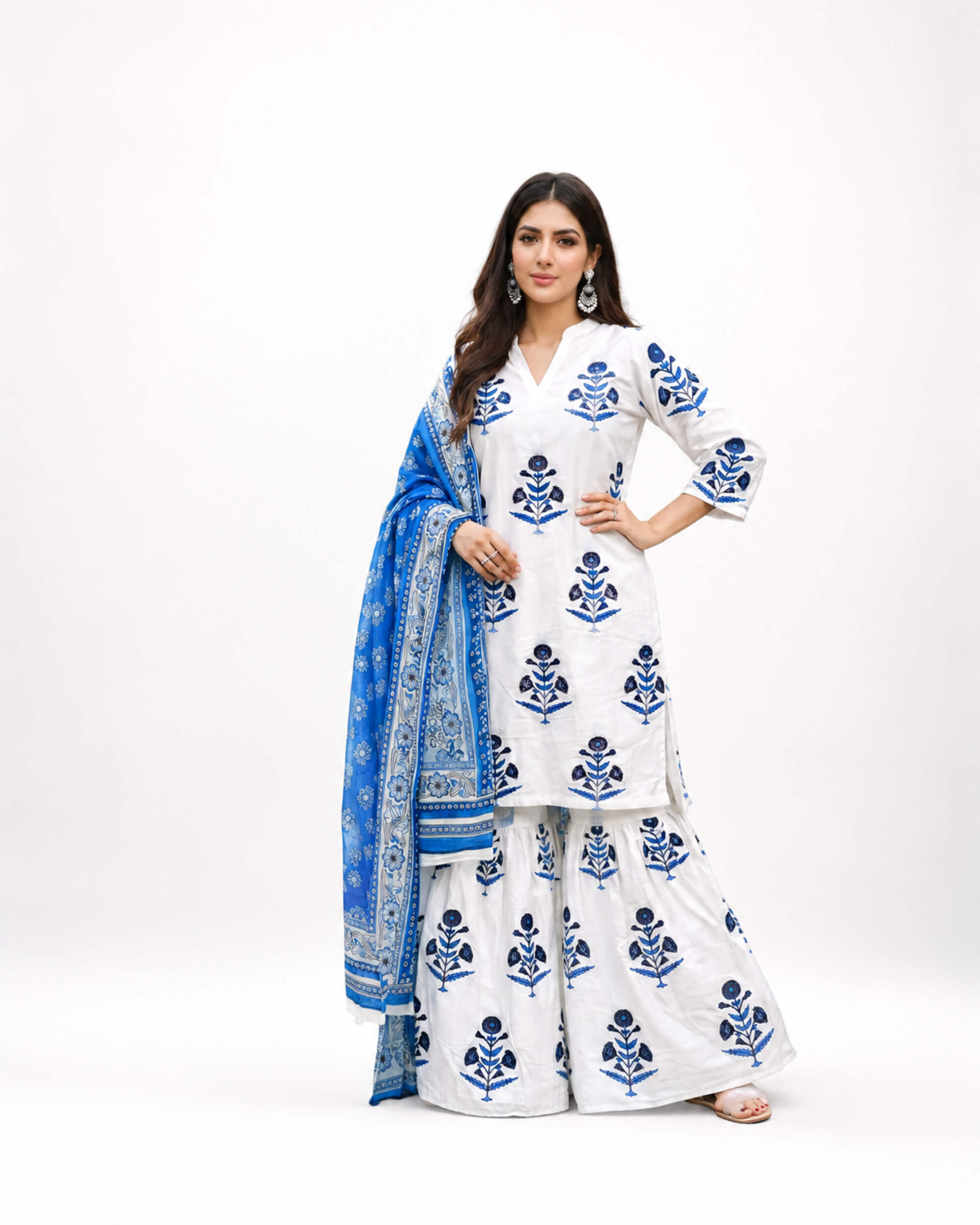 Zimal Wear White & Blue Floral Printed 3 Piece Lawn Suit for Women
